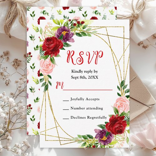 Red and Blush Pink Floral Wedding RSVP Card