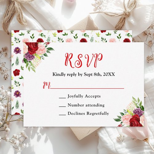 Red and Blush Pink Floral Wedding RSVP Card