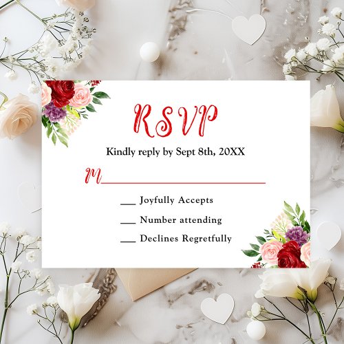 Red and Blush Pink Floral Wedding RSVP Card