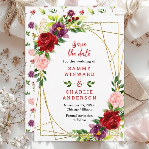 Red and Blush Pink Floral Wedding Save The Date