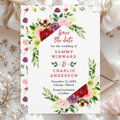 Red and Blush Pink Floral Wedding Save The Date