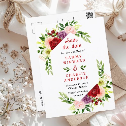 Red and Blush Pink Floral Wedding Save The Date Postcard