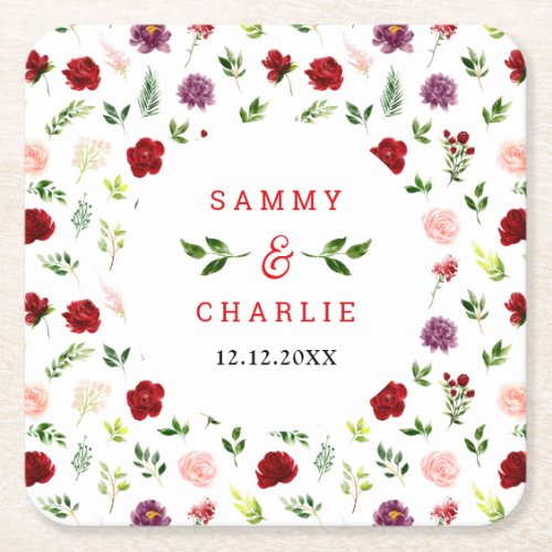 Red and Blush Pink Floral Wedding Square Paper Coaster