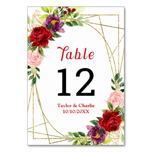 Red and Blush Pink Floral Wedding Table Number