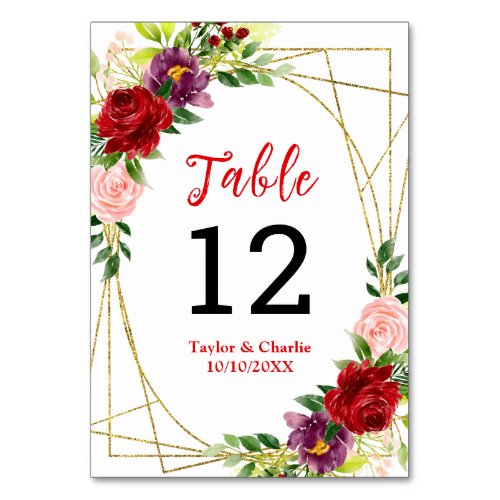 Red and Blush Pink Floral Wedding Table Number