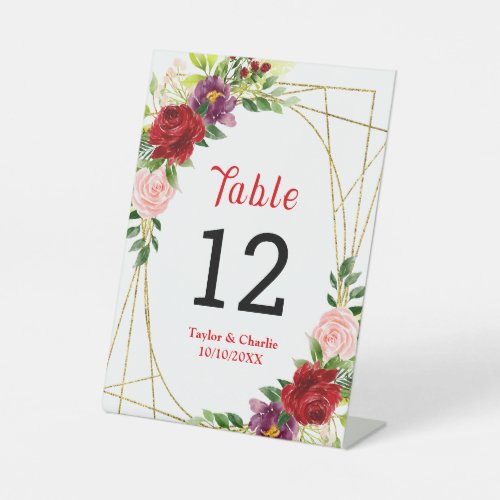 Red and Blush Pink Floral Wedding Table Number Pedestal Sign