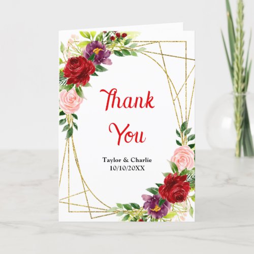 Red and Blush Pink Floral Wedding Thank You Card