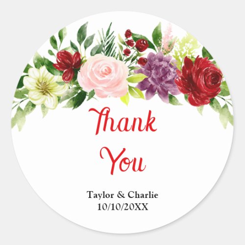 Red and Blush Pink Floral Wedding Thank You Classic Round Sticker