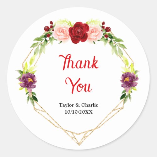 Red and Blush Pink Floral Wedding Thank You Classic Round Sticker