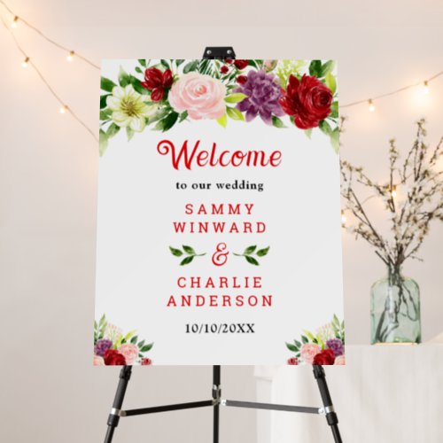 Red and Blush Pink Floral Wedding Welcome Sign