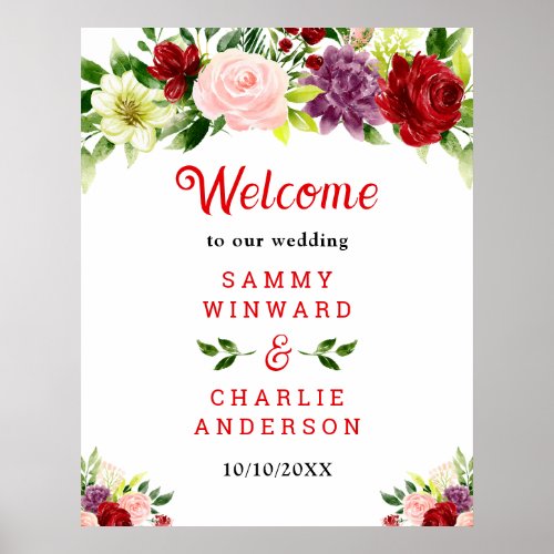 Red and Blush Pink Floral Wedding Welcome Sign