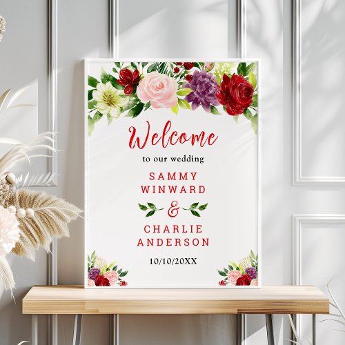 Red and Blush Pink Floral Wedding Welcome Sign