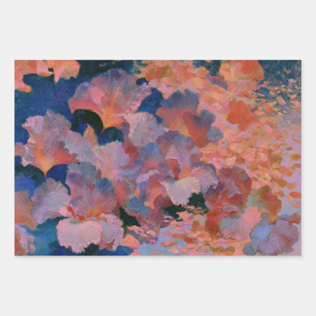 Red and Brass Floral Impressionist Wrapping Paper Sheets (Front)