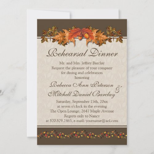 Red and brown Autumnal leaves Rehearsal Dinner Custom Invites