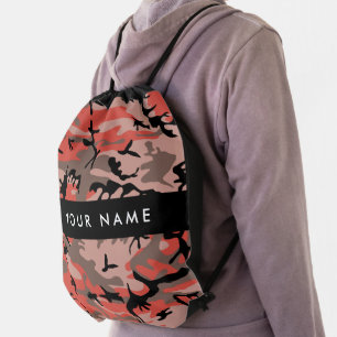 Red and Brown Camouflage Your name Personalize Drawstring Bag