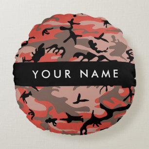 Red and Brown Camouflage Your name Personalize Round Pillow