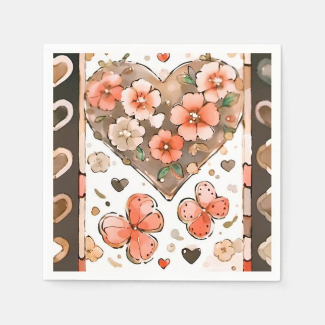 Red and Brown Floral Butterfly Art Napkins (Front)