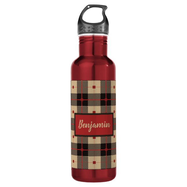 Red and Brown Plaid  Stainless Steel Water Bottle (Front)