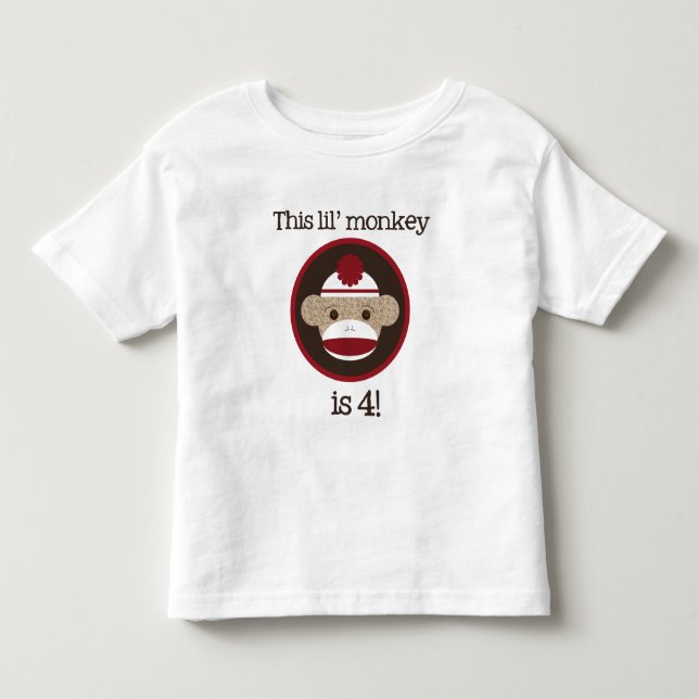 Red and Brown Sock Monkey: Fourth Birthday Tee (Front)