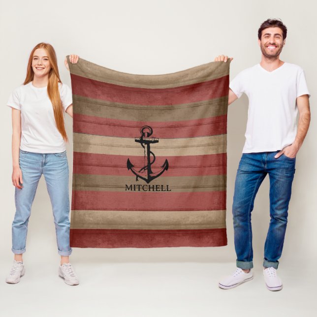 Red and Brown Wood Nautical ⚓ Stripes & Anchor Fleece Blanket (In Situ)