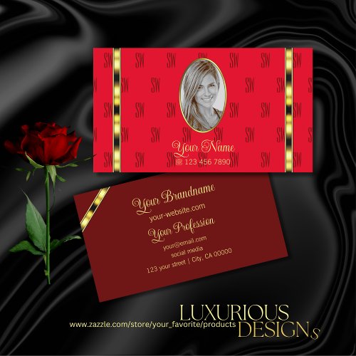 Red and Burgundy Chic with Photo Patterned Letters Business Card