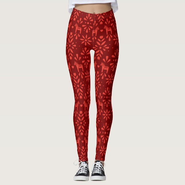 Red and Burgundy Dala Horse Folk Art Pattern Leggings (Front)