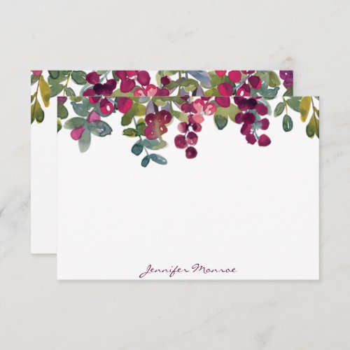 Red and burgundy watercolor floral personalized note card