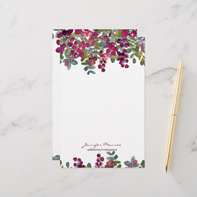 Red and burgundy watercolor floral personalized stationery (Front/Back In Situ)
