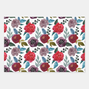 Red and burgundy watercolor flowers wrapping paper sheets