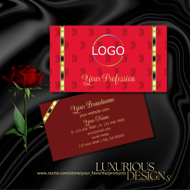 Red and Burgundy with Gold Stripes and Logo Modern Business Card (Creator Uploaded)
