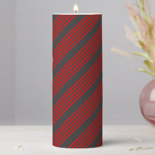 Red and charcoal five stripe pattern pillar candle