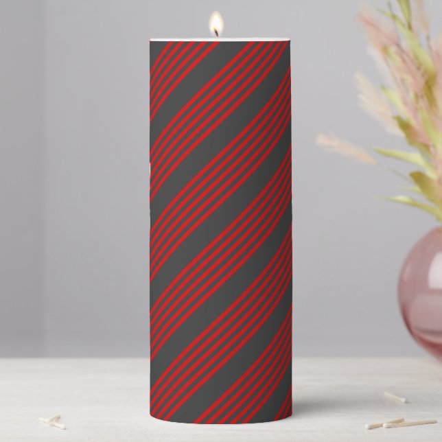 Red and charcoal five stripe pattern pillar candle (In Situ)