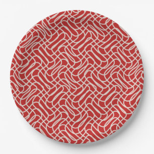 Red And Cream Abstract Line Pattern Paper Plates