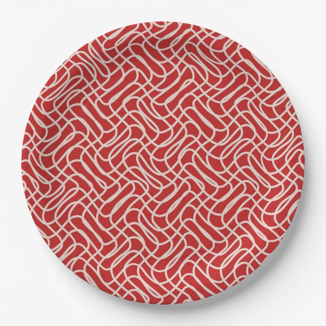 Red And Cream Abstract Line Pattern Paper Plates (Front)