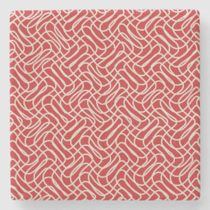 Red And Cream Abstract Line Pattern Stone Coaster