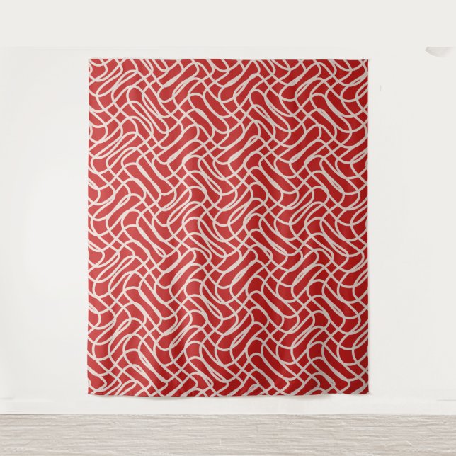 Red And Cream Abstract Line Pattern Tapestry (Front)