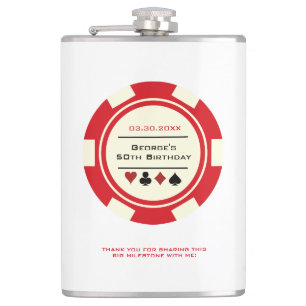 Red and Cream Casino Poker Chip Vegas Birthday Flask