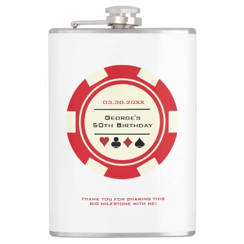 Red and Cream Casino Poker Chip Vegas Birthday Flask