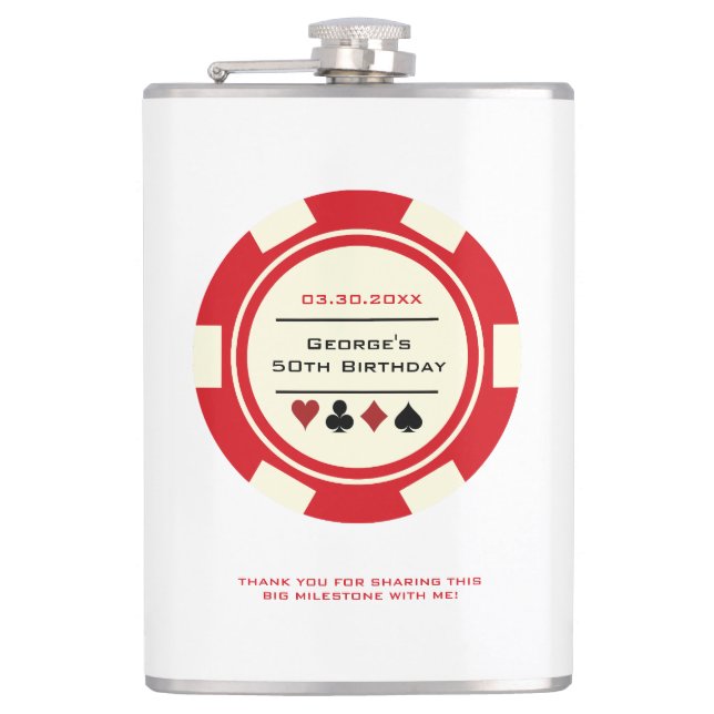 Red and Cream Casino Poker Chip Vegas Birthday Flask (Front)