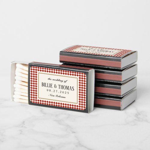 Red and Cream Checkerboard Jazz Club Wedding Matchboxes