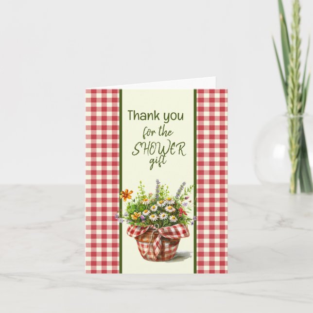 Red and Cream Checkered Showe Thank You Note Card (Front)