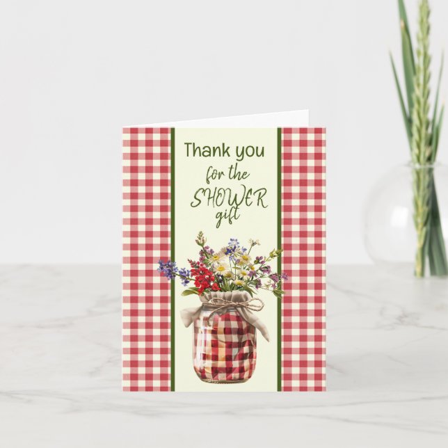 Red and Cream Checkered Showe Thank You Note Card (Front)