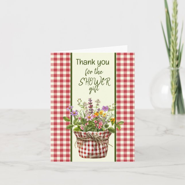 Red and Cream Checkered Showe Thank You Note Card (Front)