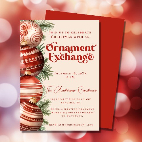 Red and Cream Christmas Ornament Exchange  Invitation