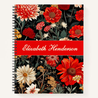 Red and Cream Dark Floral Deluxe Spiral Notebook