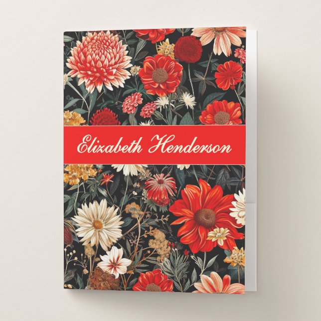 Red and Cream Dark Floral Pocket Folder (Front)