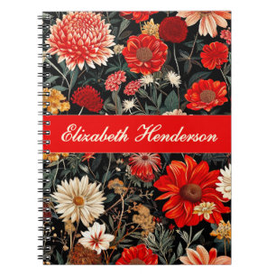 Red and Cream Dark Floral Spiral Notebook