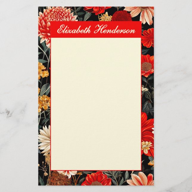 Red and Cream Floral 5.5x8.5 Vertical Stationery (Front)