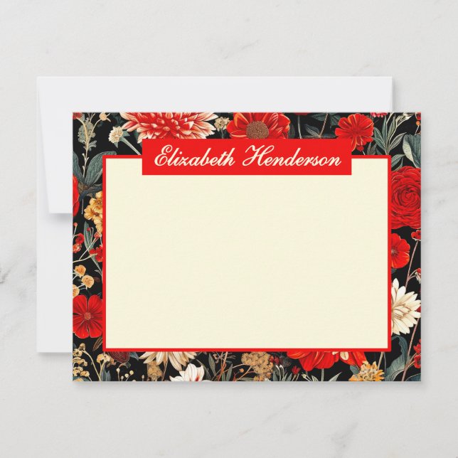 Red and Cream Floral A6 Horizontal Stationery Card (Front)