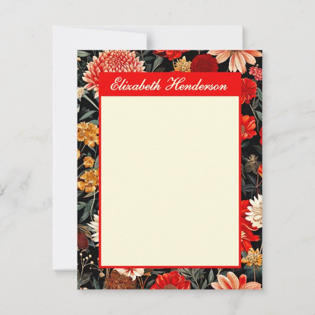 Red and Cream Floral A6 Vertical Stationery Card (Front)